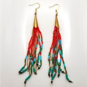 Fiery Phoenix Red Boho Beaded Fringe Dangle Earrings